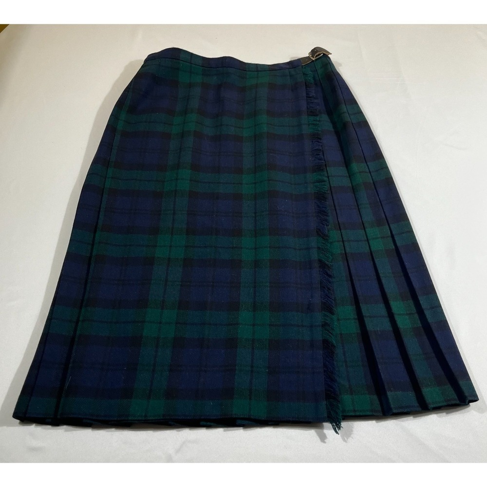 St Michael Vintage Black Watch Tartan Kilt Skirt 16 GB Green Blue Plaid Pleated